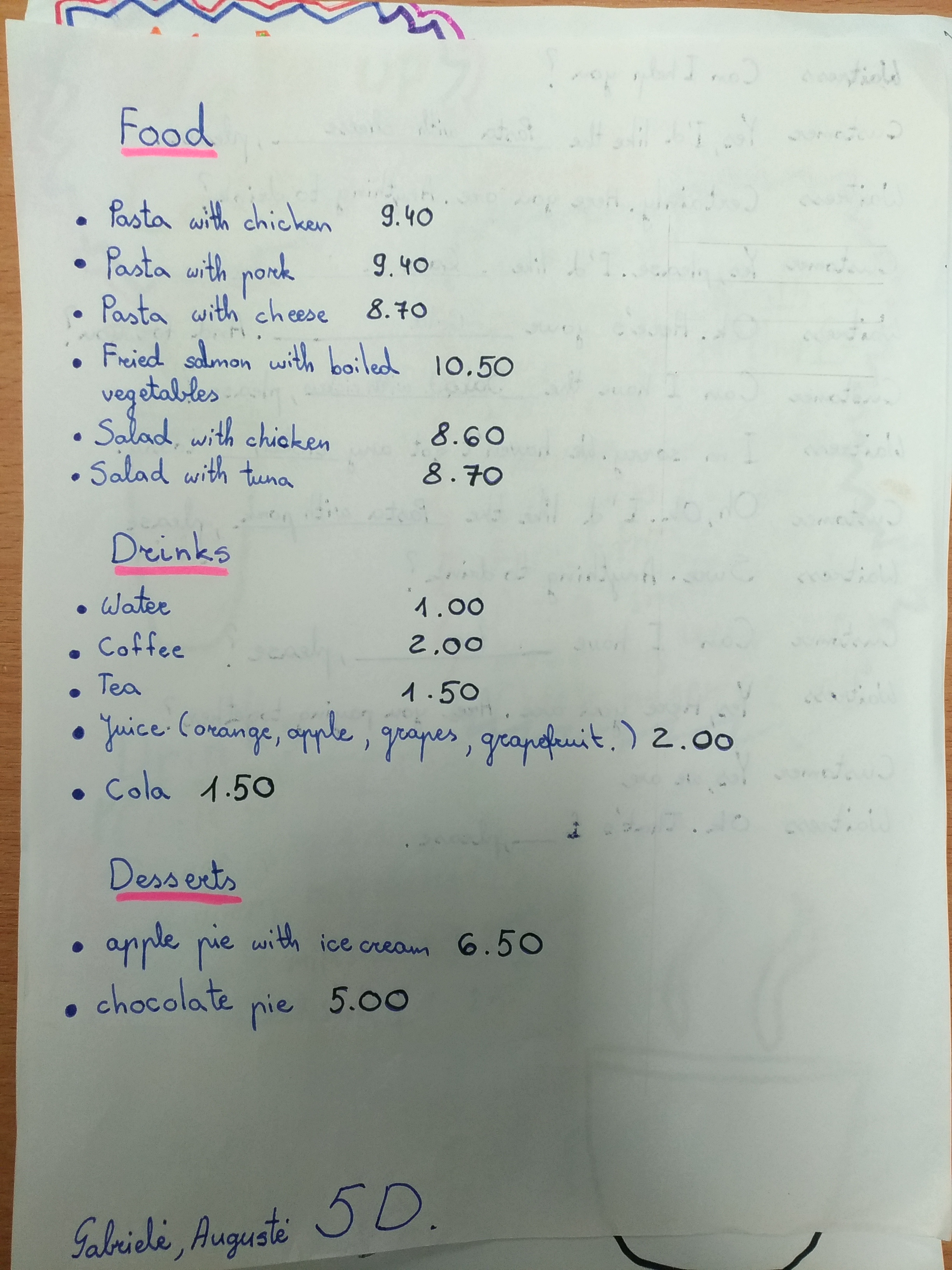 Project Ordering Food and Drinks in a Cafe MENU level A2 Vilnius Jonas Basanavičius pregymnasium 5th graders 2019 (2)