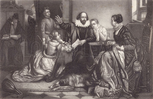 Shakespeare with his family at Stratford on Avon, reciting the tragedy of Hamlet